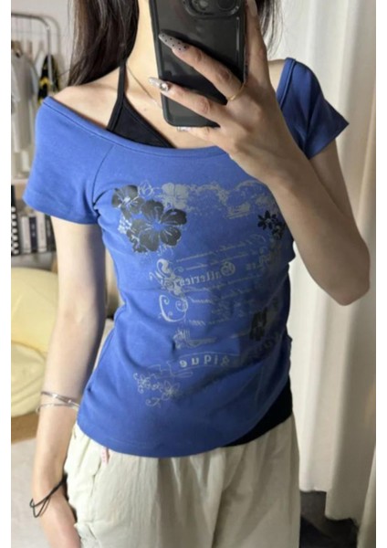 Lacivert Nuit Magique Madonna Yaka Ek Askılı Gotik Y2K Kısa Kollu Full Body Crop