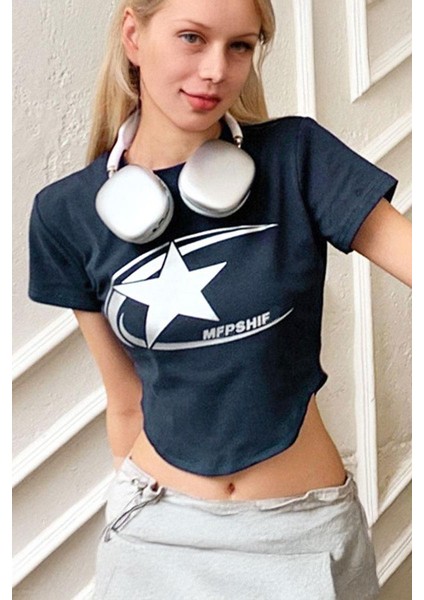 Lacivert Cosmos Star Graphic Y2K Kısa Kollu Crop