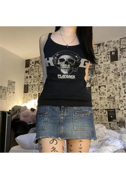 Siyah Playback Skull Askılı Kadın T-Shirt