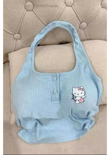Mavi Hello Kitty Fitilli Kumaş Boyundan Y2K Askılı Crop