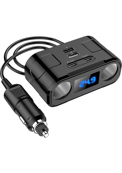 Araba 60W Güç Adaptörü 2 Soket 2 USB 2 Type C Şarj Portu Pd 22W Hızlı Şarj Voltaj Algılama Telefon Şarj Cihazı (Yurt Dışından)