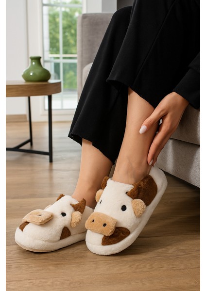 Inek Figürlü Nakışlı Kışlık Unisex Ev Terliği Ses Yapmaz Kaydırmaz Taban fiyatları