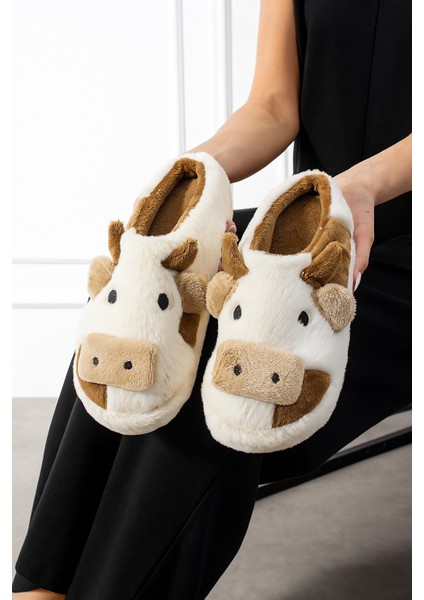 Inek Figürlü Nakışlı Kışlık Unisex Ev Terliği Ses Yapmaz Kaydırmaz Taban modelleri