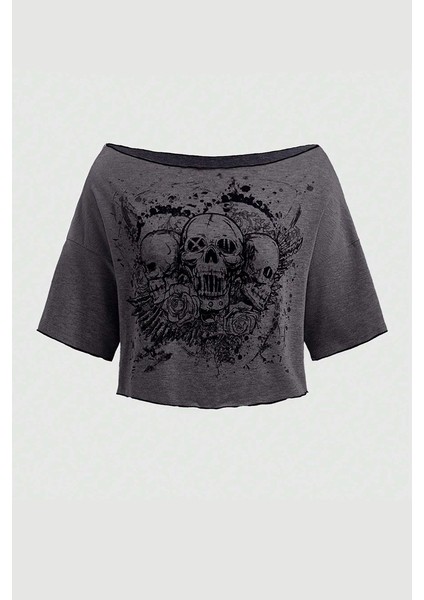 Füme Gotik Skulls Omuzu Açık Y2K Kısa Kollu Crop