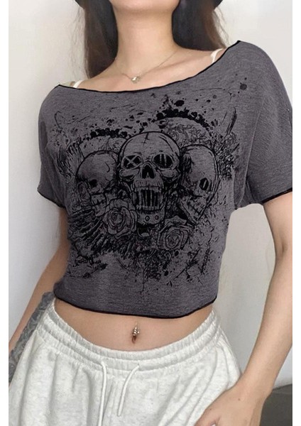 Füme Gotik Skulls Omuzu Açık Y2K Kısa Kollu Crop fiyatları