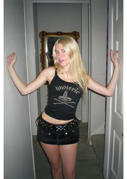 Siyah Hysteric Mental Y2K Askılı Crop