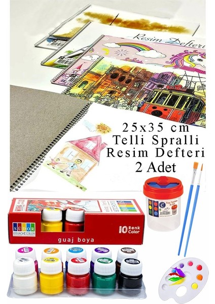 10 Renk Guaj Boya Südor 25X35 cm Telli Spralli Resim Defteri Palet Resim Fırçası 15 Yaprak Guajboya Resim Defteri