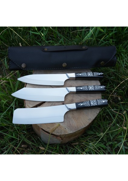 Şef Bıçağı Seti 3'lü- Deri Çantalı