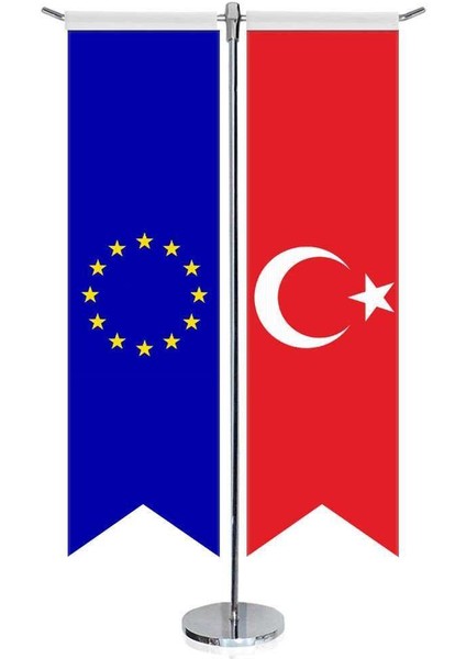 Avrupa Birliği Bayrağı ve Türkiye Kırlangıç Saten T Direk Masa Bayrağı 2'li