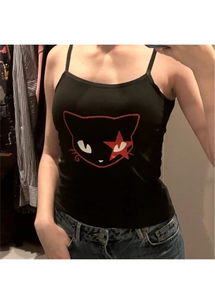 Siyah Red Eye Cat Face Askılı Crop fiyatları