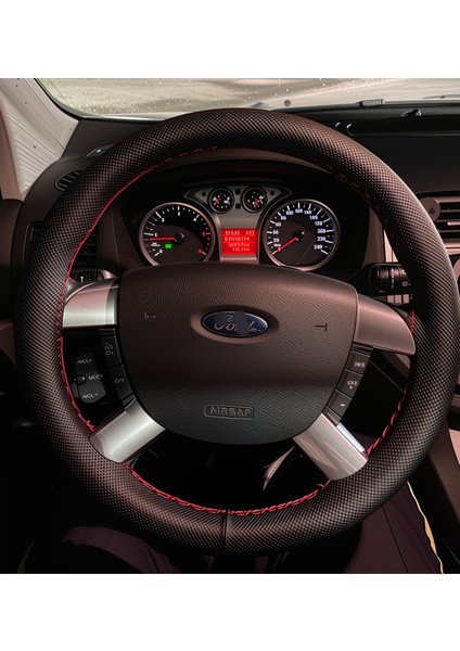 Dikişli Direksiyon Kılıfı Noktalı Deri Kırmızı Dikişli Fo.r.d Connect Focus Bu Direksiyon Için