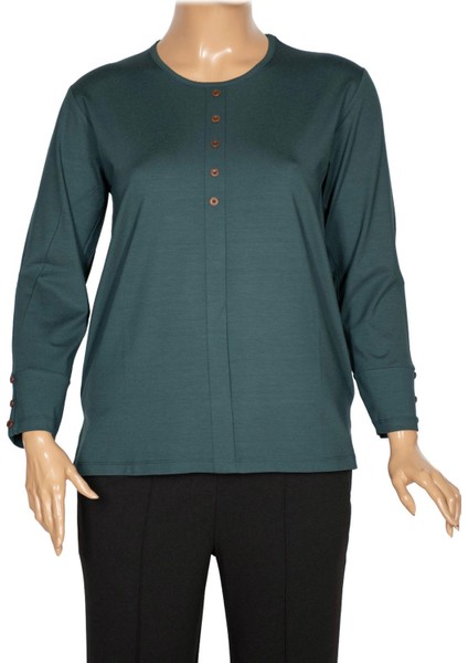 Cimariva Kadın Nüket Büyük Beden O Yaka Beş Süs Düğmeli Koyu Turkuaz Bluz