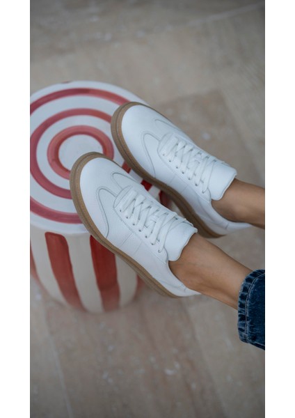 Orsic Beyaz Hakiki Deri Kadın Spor Ayakkabi