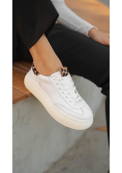 Baena Beyaz-Leopar Hakiki Deri Kadın Spor Ayakkabi