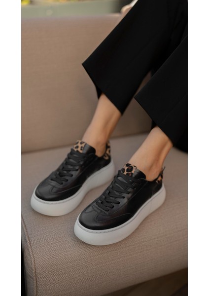 Baena Siyah-Leopar Hakiki Deri Kadın Spor Ayakkabi
