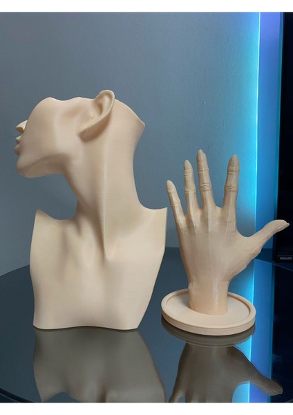 Bej Renkli 2'li Takı Mankeni ve El Takı Standı Seti, Küpe ve Kolye Organizeri