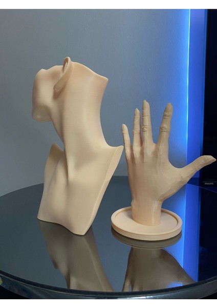 Bej Renkli 2'li Takı Mankeni ve El Takı Standı Seti, Küpe ve Kolye Organizeri modelleri