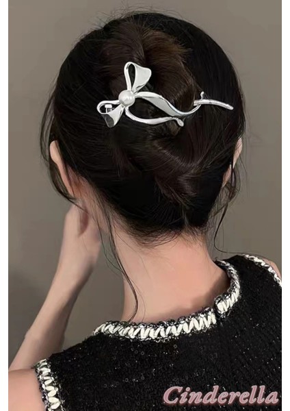 Fiyonk Model Incili Klipsli Topuz Tokası Metal Gümüş - Modern Kadın Kıstırmalı Klips Saç Tokası