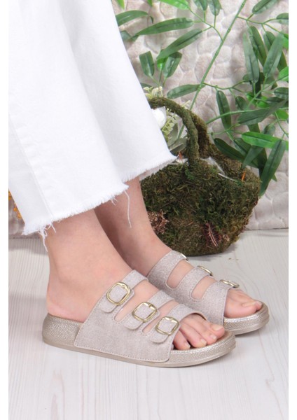 100403 Pienn Anatomik Esnek Rahat Simli Baskılı Üç Tokalı Kadın Terlik