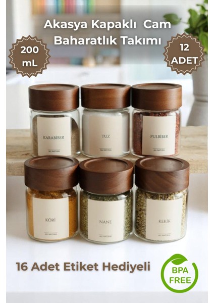 12'li Cam Baharatlık Takımı, 16 Etiketli, 200ML Kapaklı Set