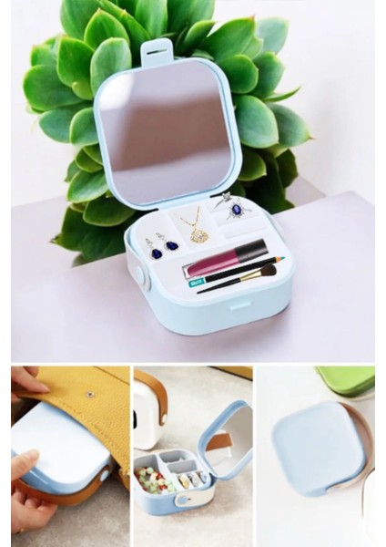 Mini Makyaj ve Takı Organizer, Seyahat Için Pratik Kutu, Mavi Renk