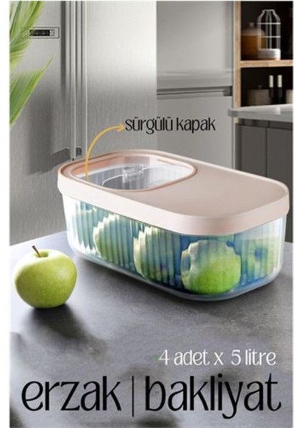 Renkli 4'lü Çok Amaçlı Bakliyat Kutusu, Sürgülü Kapak, 5 Litre