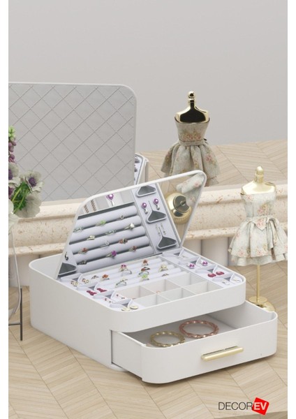 Şık Aynalı Çok Bölmeli Çekmeceli Makyaj ve Takı Organizer, Bej Renk