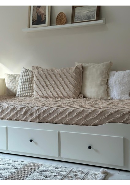 Divan Örtüsü Çizgili Püsküllü Yeni Nesil Yatak Örtüsü Renk Bej( Kapiçino)