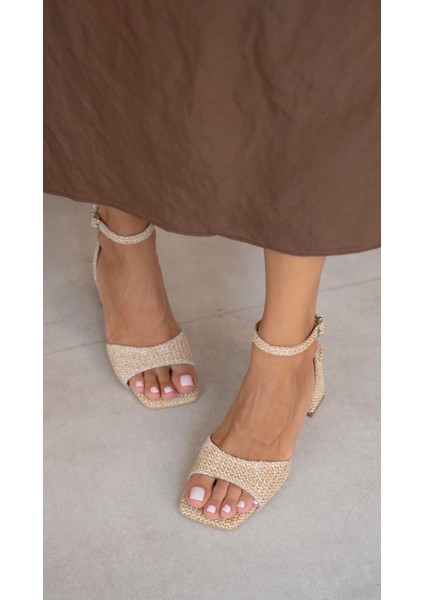 Yolene Bej Hasır Topuklu Ayakkabı