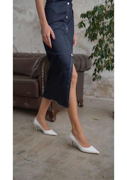 Brant Beyaz Hakiki Deri Topuklu Ayakkabı