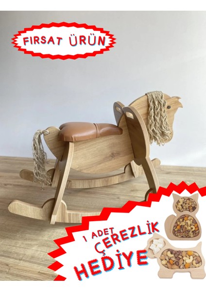 Çocuk Aktivite Sallanan Ahşap At - Deri Oturak (300 Tl Değerinde Çerezlik Hediye)