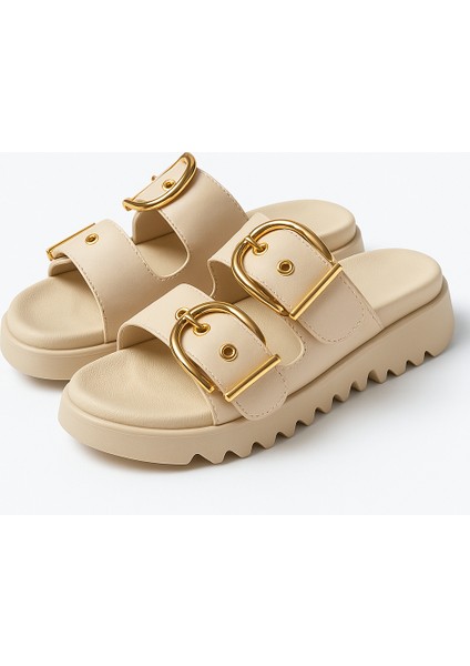 Altın Toka Detaylı Rahat Kalın Taban Yazlık Kadın Terlik Şık Konforlu