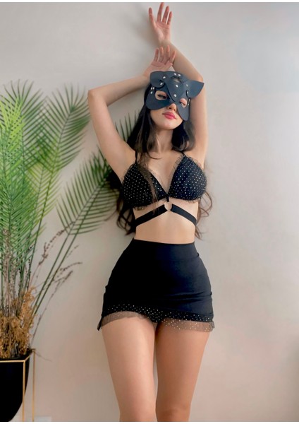 Parıltılı Taşlı Tül Büstiyer Etek Takım - Bralet ve Mini Etek