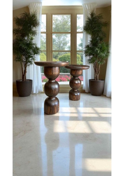 Ceviz Renk Ahşap Mantar Sehpa Takımı 2’li Set – Ahşap Yan Sehpa