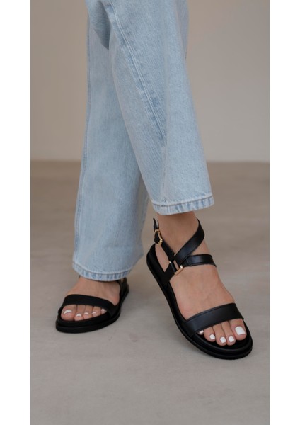 Dubai Siyah Hakiki Deri Sandalet