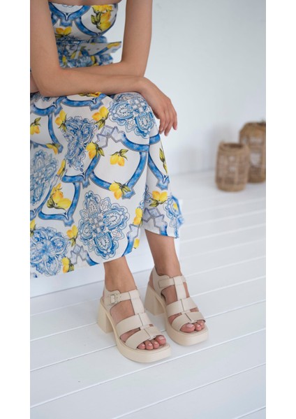 Fabinho Bej Hakiki Deri Kadın Sandalet