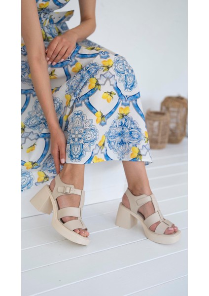 Fabinho Bej Hakiki Deri Kadın Sandalet