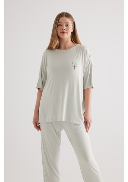 Kadın Plus Size Viscose Kısa Kollu Pijama Üstü