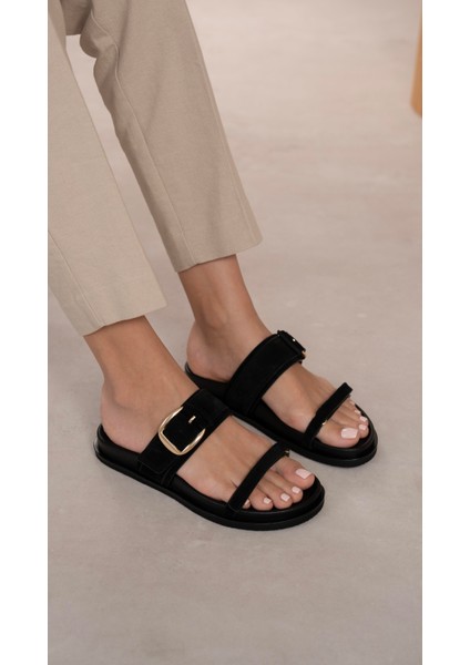 Tokyo Siyah Süet Hakiki Deri Kadın Terlik modelleri
