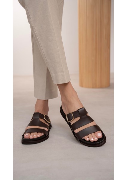 Vespa Kahve Hakiki Deri Terlik