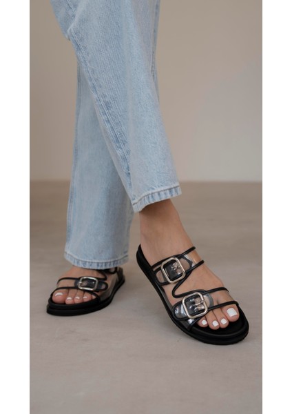 Gavi Siyah Şeffaf Hakiki Deri Terlik