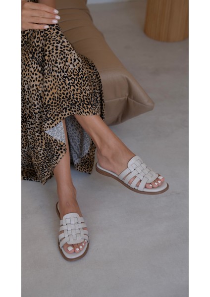 Savinyo Ekru Hakiki Deri Kadın Terlik