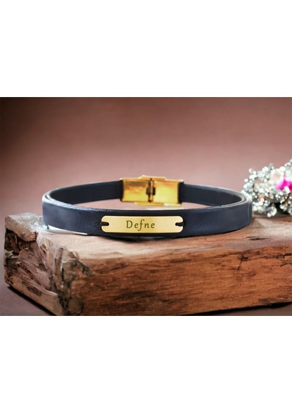 Altın Plakalı 14 Ayar Defne Ismine Özel Dikdörtgen Motifli Siyah Derili Hediye BILEKLIK-540ISIM