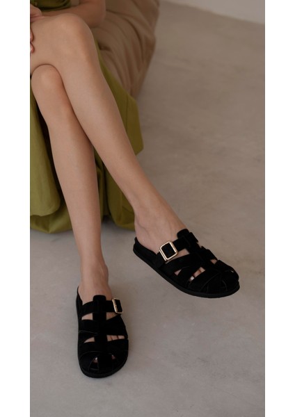 Riyad Siyah Süet Hakiki Deri Terlik