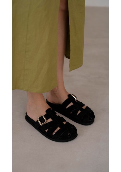 Riyad Siyah Süet Hakiki Deri Terlik modelleri