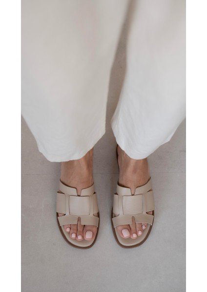 Okafor Bej Hakiki Deri Kadın Terlik