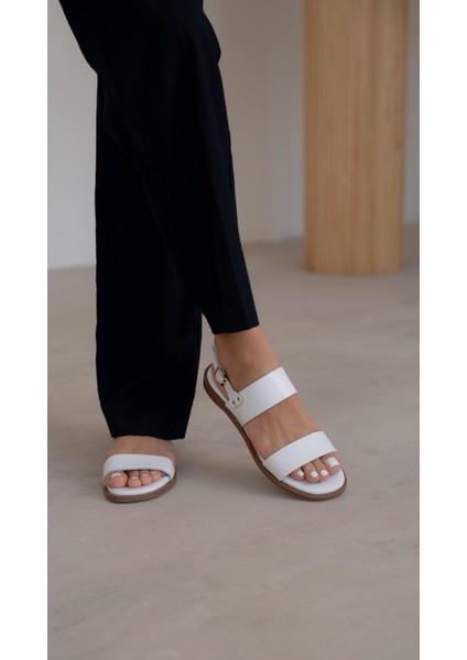 Telles Beyaz Hakiki Deri Kadın Sandalet