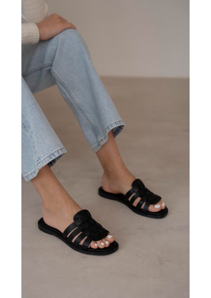 Savinyo Siyah Hakiki Deri Kadın Terlik