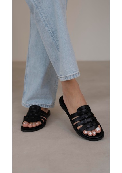 Savinyo Siyah Hakiki Deri Kadın Terlik