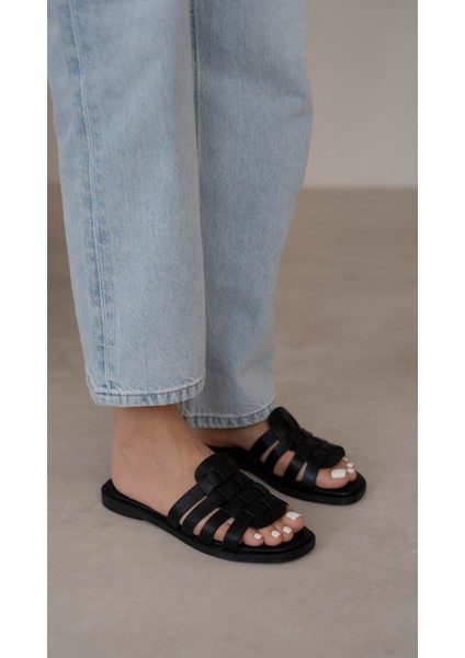 Savinyo Siyah Hakiki Deri Kadın Terlik modelleri